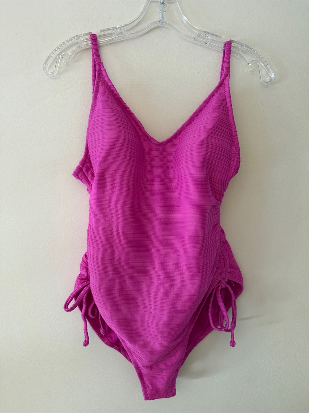 Jessica Simpson Hot Pink Ribbed One Piece Swimsuit Size M Ruched Adjustable